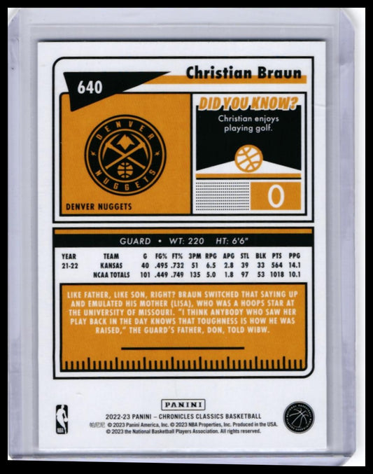 2022-23 Panini Chronicles Classics Christian Braun RC #640 Green /10 Nuggets — back