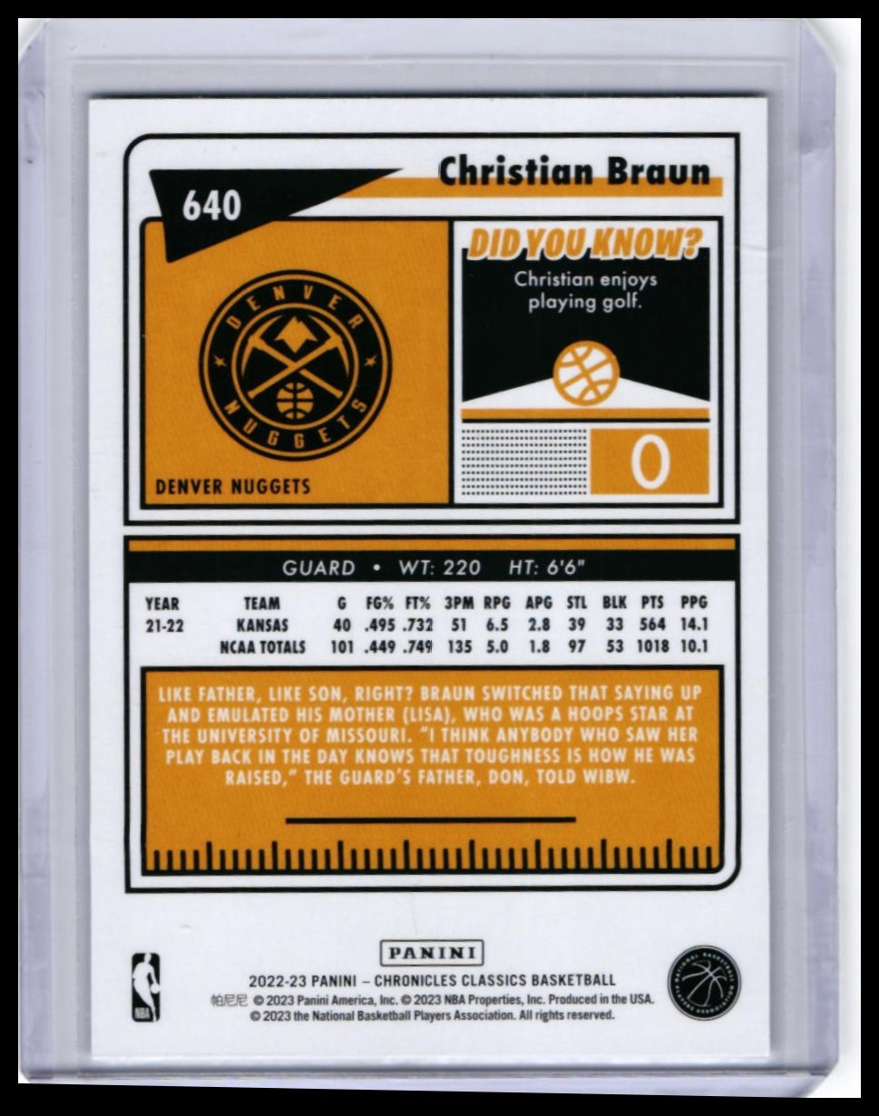 2022-23 Panini Chronicles Classics Christian Braun RC #640 Green /10 Nuggets — back