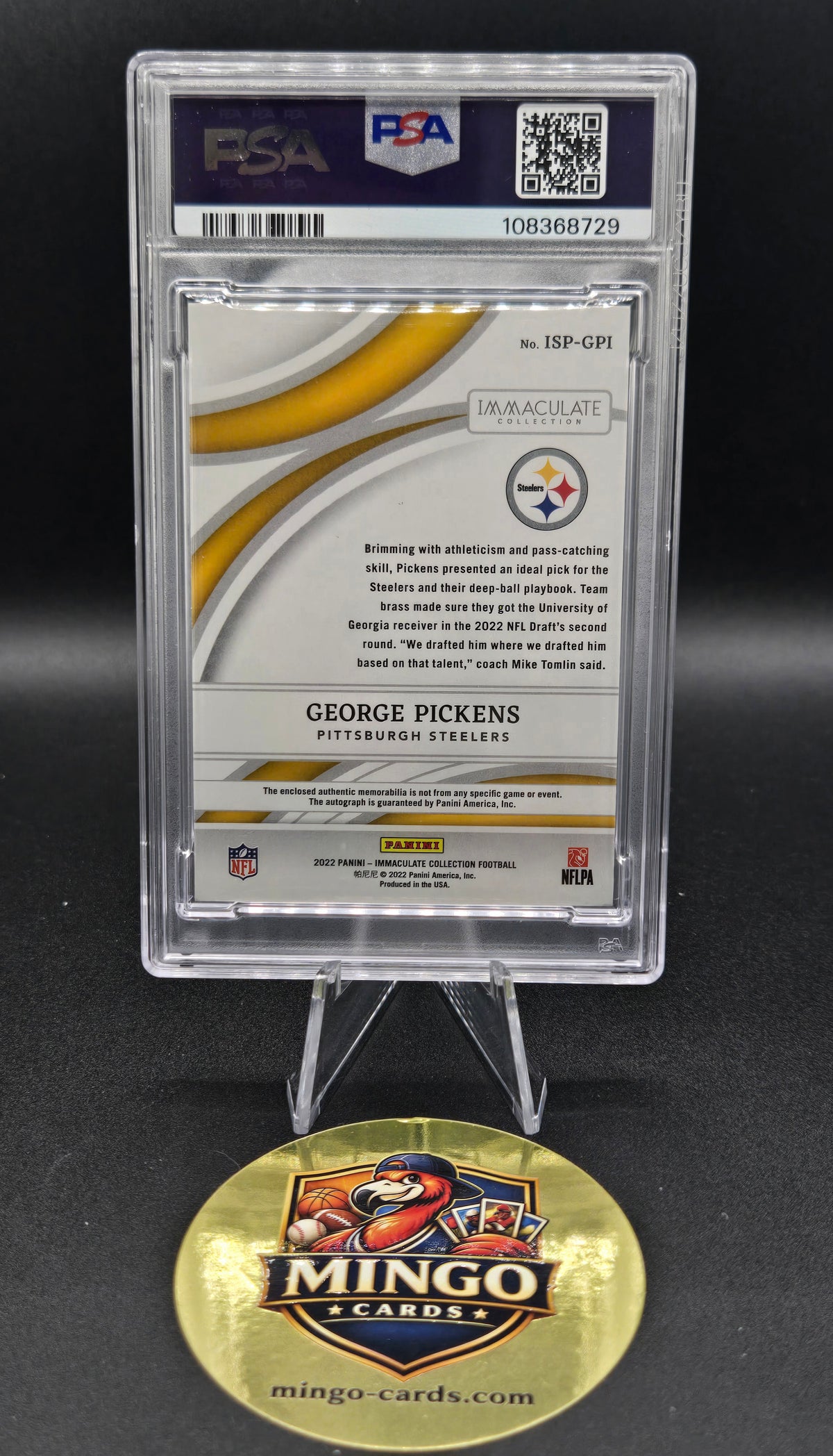 2022 Immaculate George Pickens RC Auto Patch Gold #ISP-GPI /25 PSA 9 Steelers — back
