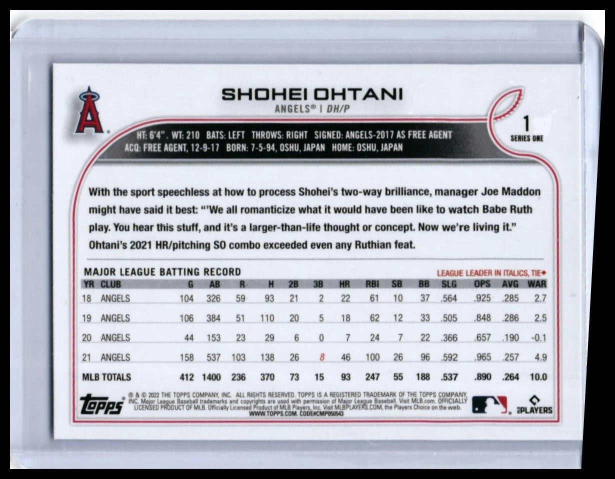 2022 Topps Series One Shohei Ohtani #1 Los Angeles Angels — back