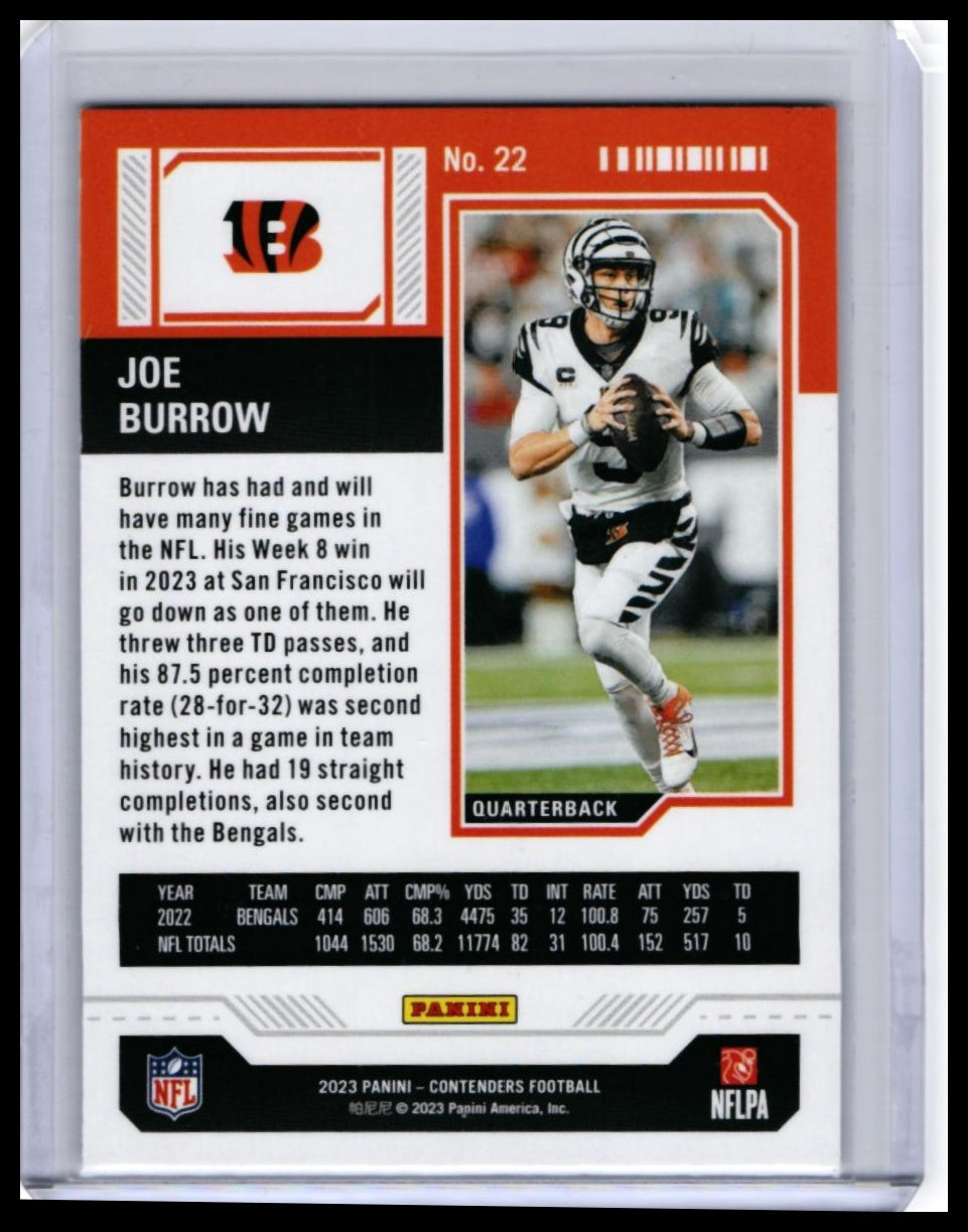 2023 Panini Contenders Season Ticket Joe Burrow #22 Cracked Ice Parallel Bengals — back