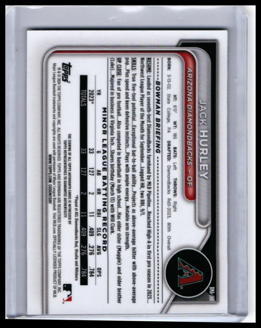 2023 Topps Chrome Jack Hurley Arizona Diamondbacks Autograph — back