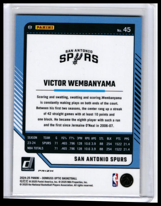 2024-25 Donruss Optic Victor Wembanyama #45 Purple Prizm Parallel Spurs — back
