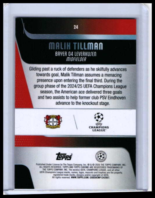 2024-25 Topps Chrome UEFA Champions League Malik Tillman #24 Bayer Leverkusen Refractor — back