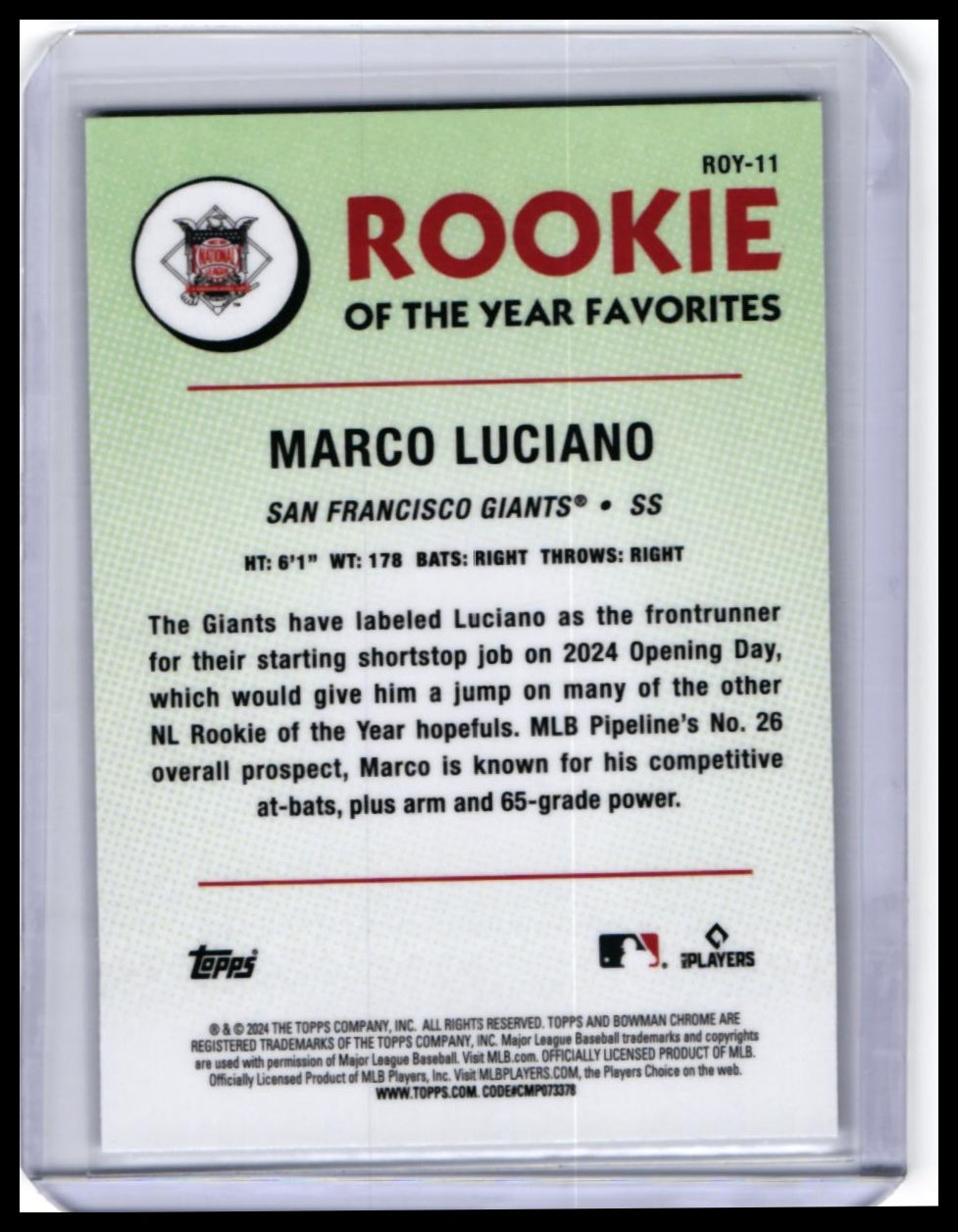 2024 Bowman Chrome Marco Luciano RC #ROY-11 Green Mojo Rookie of the Year Favorites — back