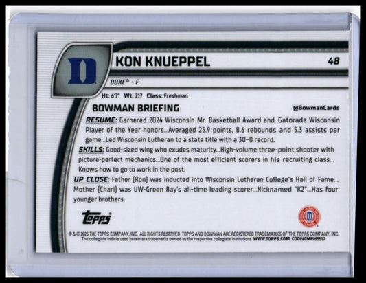 2024 Bowman University Chrome Kon Knueppel #48 Purple Refractor RC Duke — back