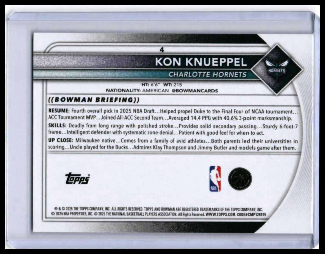 2025-26 Bowman Kon Knueppel RC #4 Charlotte Hornets Rookie Card — back