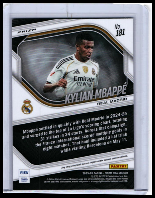 2025-26 Panini Prizm FIFA Soccer Kylian Mbappé Real Madrid #181 — back