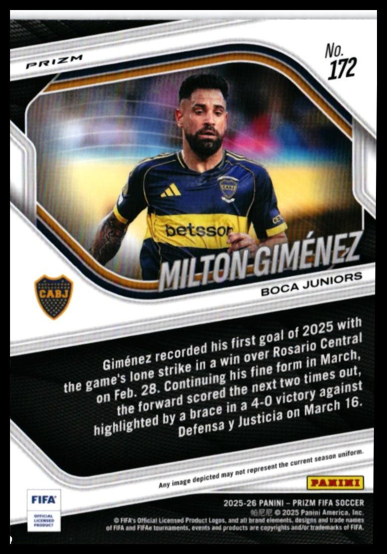 2025-26 Panini Prizm FIFA Soccer Milton Giménez RC #172 Boca Juniors — back