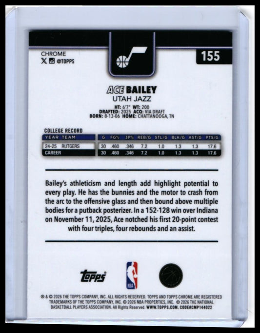 2025-26 Topps Chrome Ace Bailey RC #155 Utah Jazz Rookie — back