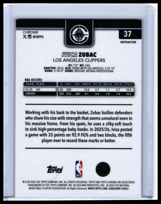 2025-26 Topps Chrome Ivica Zubac #37 Refractor Los Angeles Clippers — back