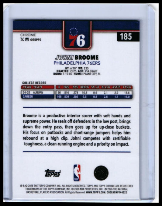 2025-26 Topps Chrome Johni Broome RC #185 Philadelphia 76ers Rookie — back