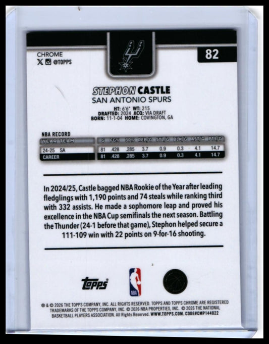 2025-26 Topps Chrome Stephon Castle #82 San Antonio Spurs — back