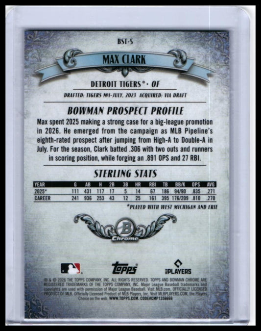2025 Bowman Sterling Chrome Max Clark BST-5 Detroit Tigers — back