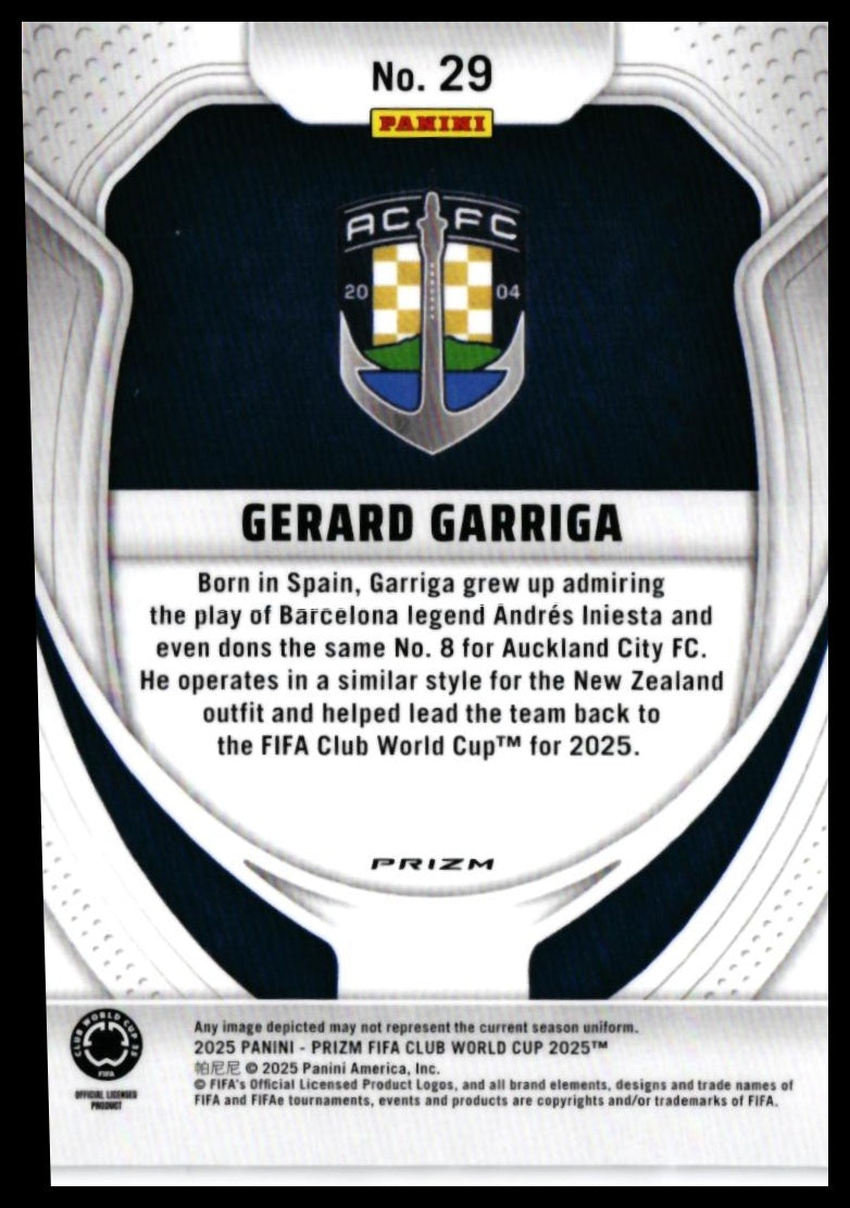 2025 Panini Prizm FIFA Club World Cup Gerard Garriga RC #29 Auckland City FC — back