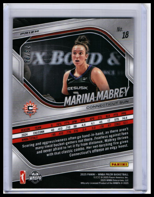 2025 Panini Prizm WNBA Marina Mabrey #18 Orange Prizm /99 Connecticut Sun — back