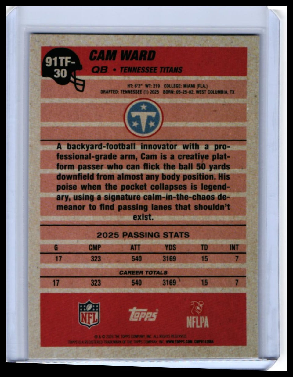 2025 Topps '1991 Topps Football' Cam Ward RC #91TF-30 Titans Cracked Ice — back