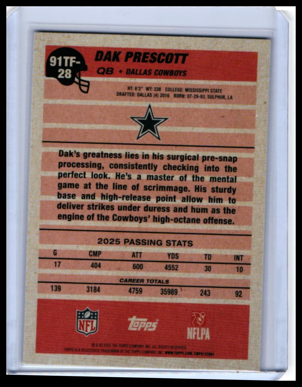 2025 Topps '91 Topps Football 35th Anniversary Dak Prescott #91TF-28 Cowboys — back