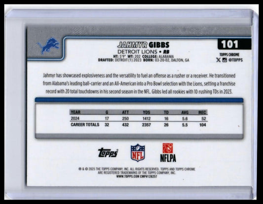 2025 Topps Chrome Jahmyr Gibbs #101 Blue Wave Refractor /150 Detroit Lions — back