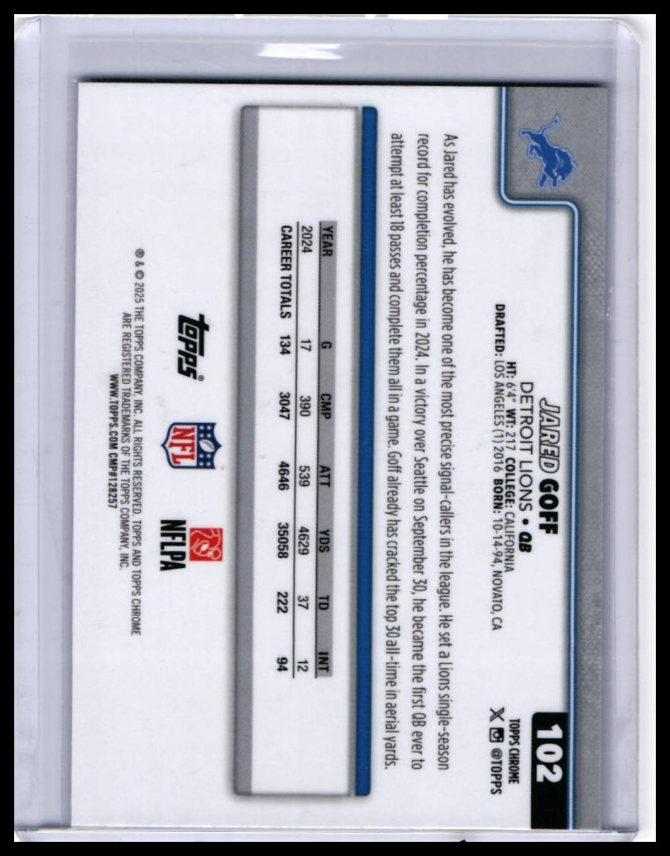 2025 Topps Chrome Jared Goff #102 Detroit Lions QB — back