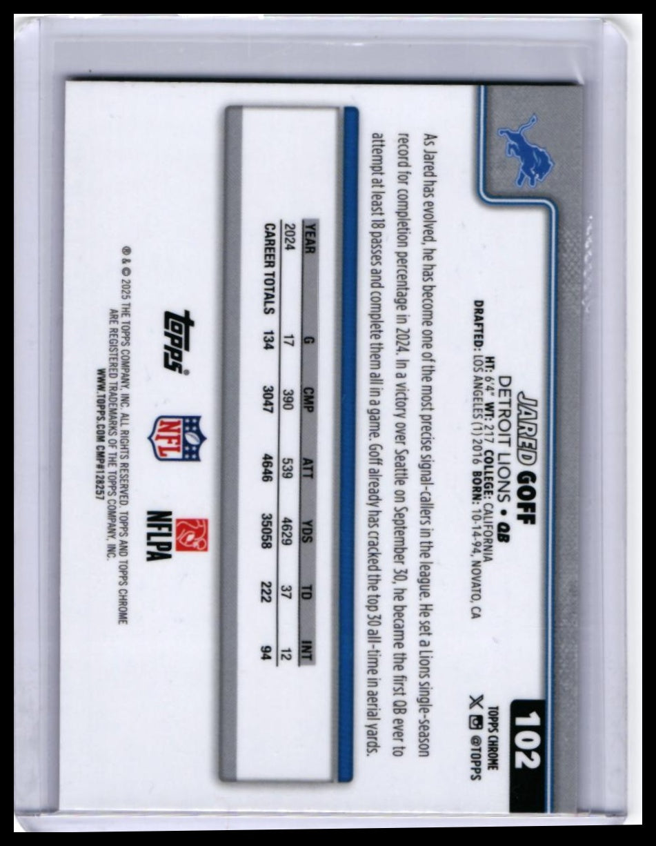 2025 Topps Chrome Jared Goff #102 Pink Xfractor Parallel Detroit Lions QB — back