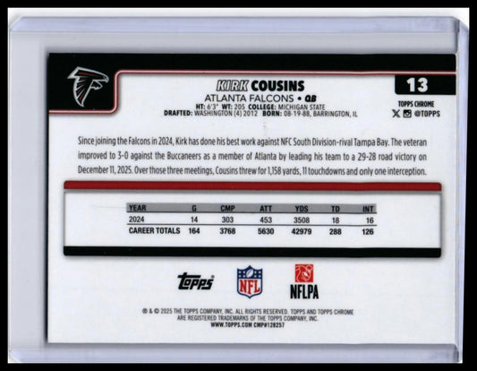2025 Topps Chrome Kirk Cousins #13 Red Parallel Atlanta Falcons — back