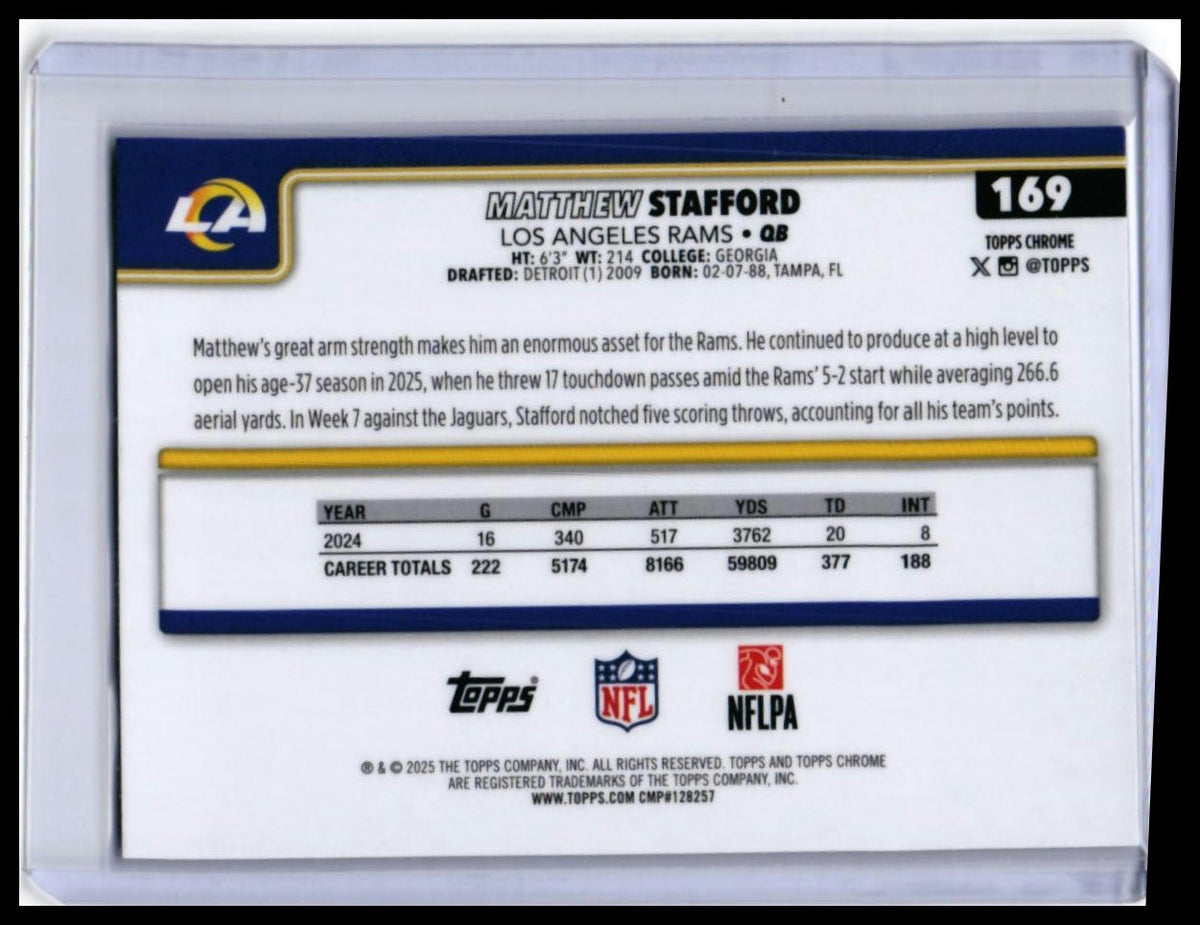 2025 Topps Chrome Matthew Stafford #169 Los Angeles Rams QB — back