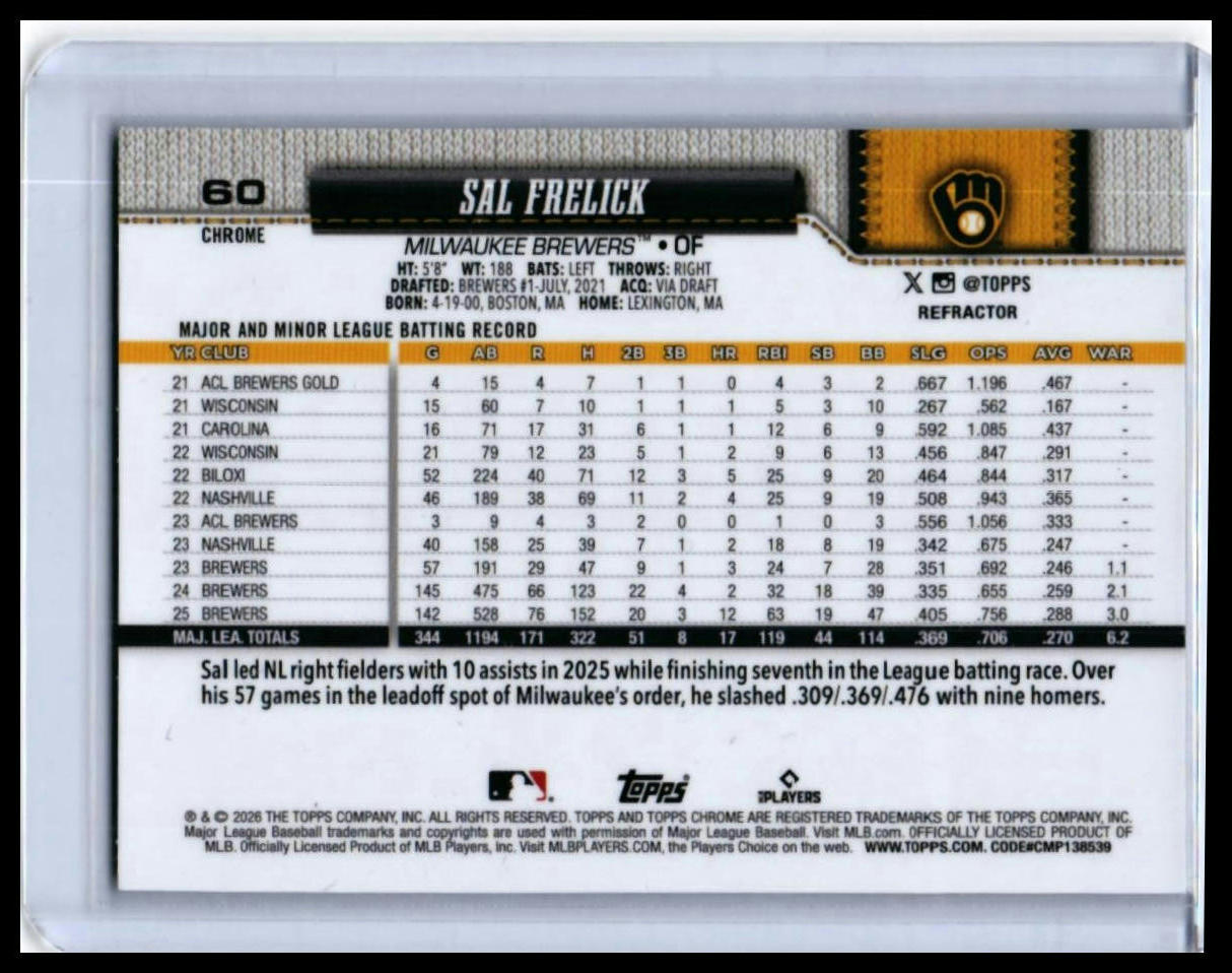 2025 Topps Chrome Sal Frelick #60 Refractor Milwaukee Brewers — back