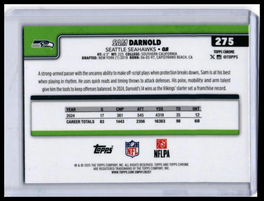 2025 Topps Chrome Sam Darnold #275 Purple Refractor /75 Seattle Seahawks — back