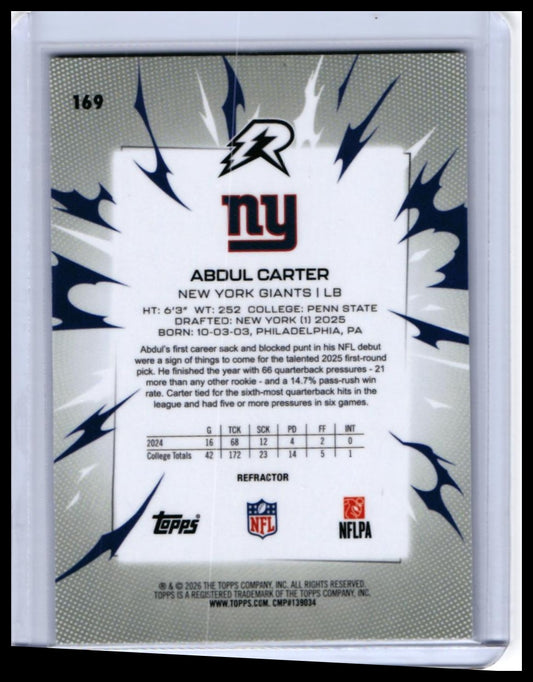 2025 Topps Ricochet Abdul Carter RC #169 Refractor New York Giants Rookie — back