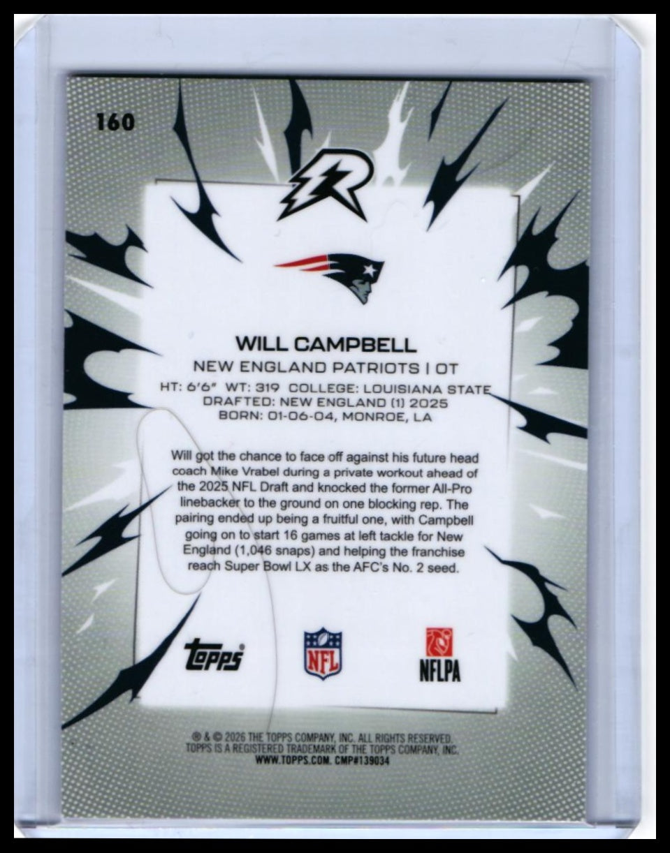 2025 Topps Riot Will Campbell RC #160 New England Patriots Rookie — back