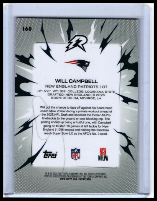2025 Topps Riot Will Campbell RC #160 New England Patriots Rookie — back