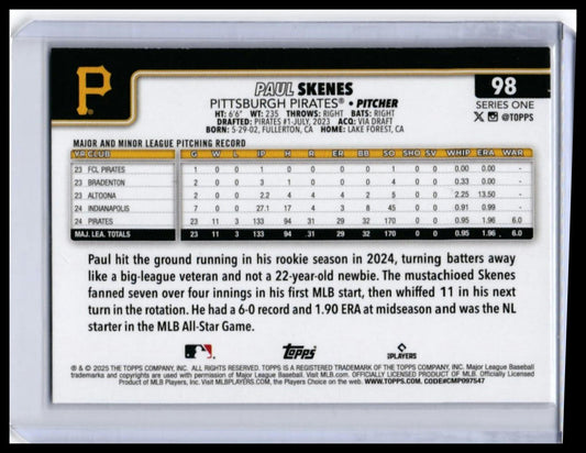 2025 Topps Series One Paul Skenes #98 Pittsburgh Pirates All-Star — back