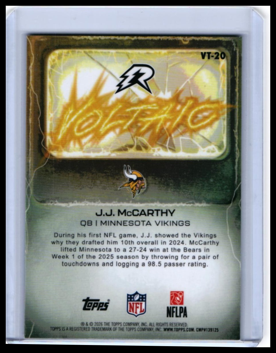 2025 Topps Voltage J.J. McCarthy #VT-20 Minnesota Vikings — back