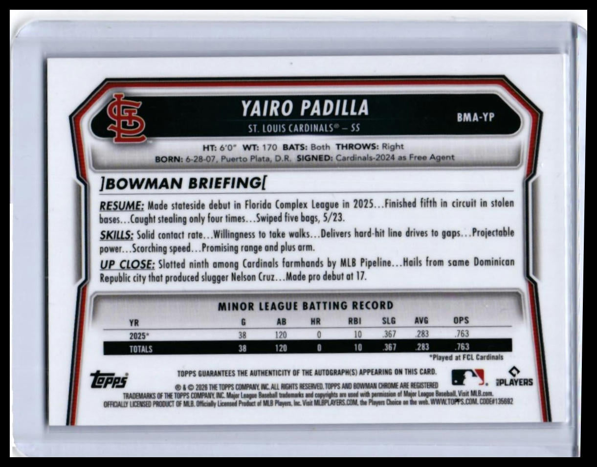 2026 Bowman Chrome Yairo Padilla Auto Mojo Refractor #BMA-YP Cardinals SS — back