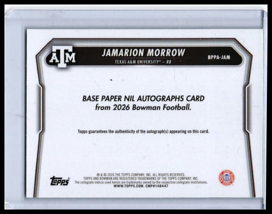 2026 Bowman University Jamarion Morrow RC Auto Green /99 #BPPA-JAM Texas A&M — back