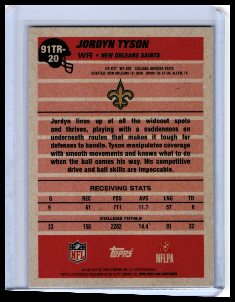 2026 Topps 1991 Design 35th Anniversary Jordyn Tyson RC #91TR-20 Saints — back