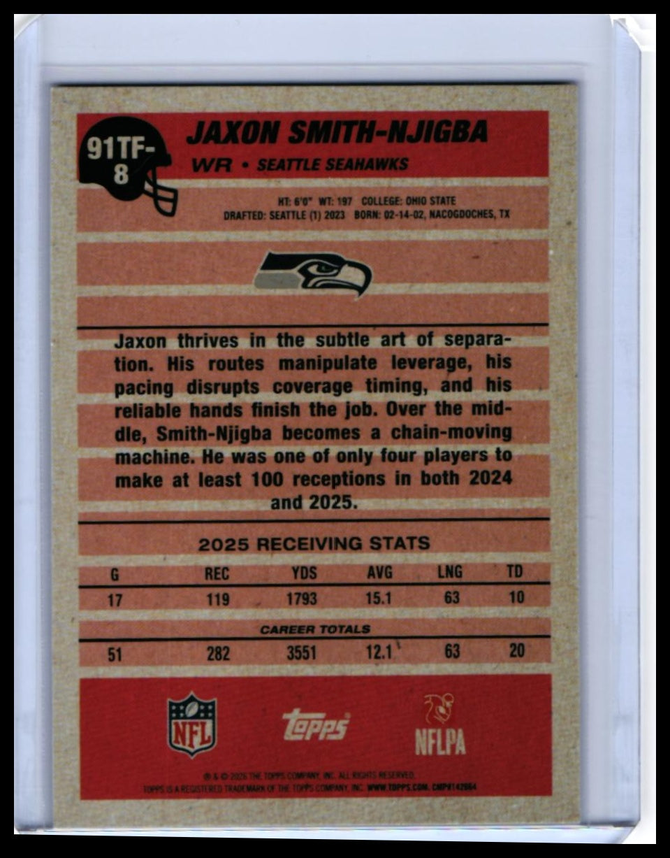 2026 Topps 1991 Design Jaxon Smith-Njigba #91TF-8 Cracked Ice Seahawks WR — back