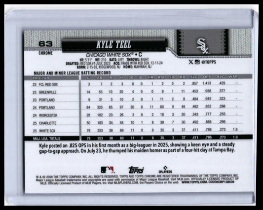 2026 Topps Chrome Kyle Teel RC #63 Black and White Parallel Chicago White Sox — back