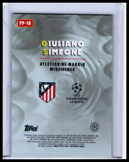 2026 Topps Chrome UEFA Champions League Giuliano Simeone PP-16 Atlético Madrid — back