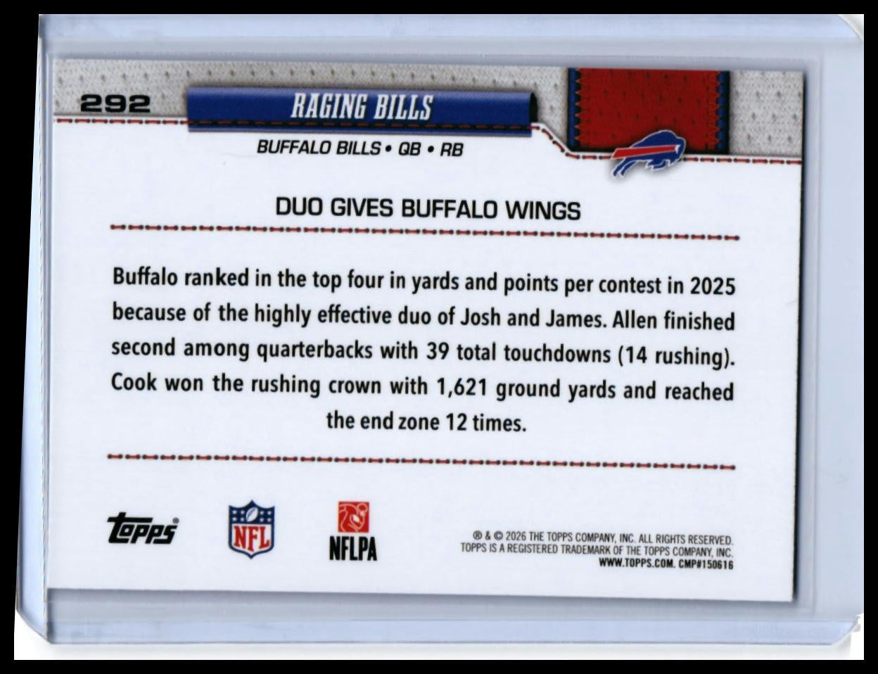 2026 Topps Raging Bills Josh Allen & James Cook #292 Buffalo Bills Duo — back
