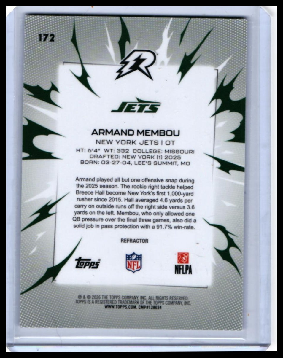 2026 Topps Reign Armand Membou RC #172 Refractor New York Jets Rookie — back