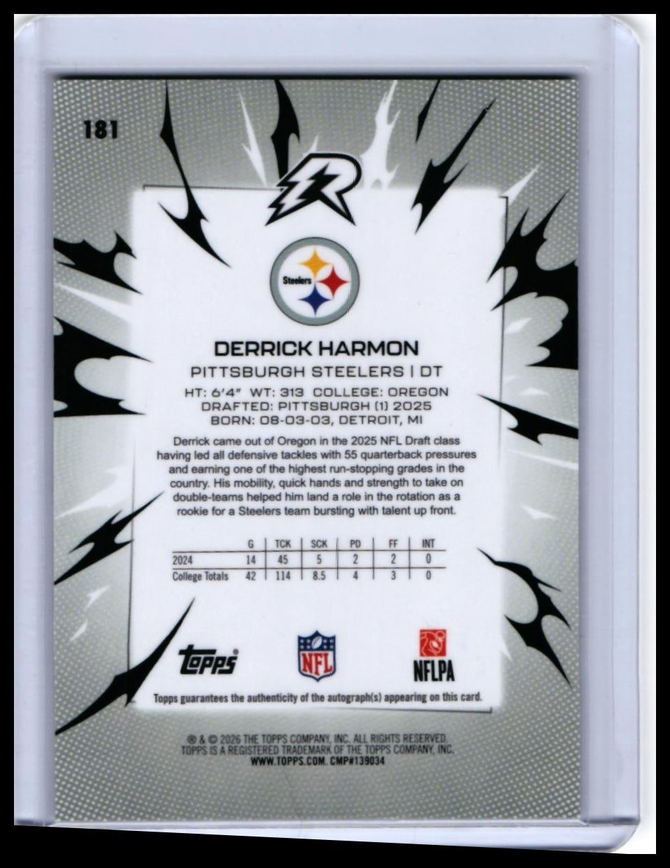 2026 Topps Reign Derrick Harmon RC Auto #181 Pittsburgh Steelers Rookie — back