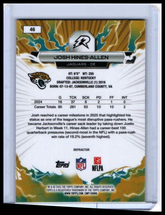 2026 Topps Reign Josh Hines-Allen #46 Refractor Jacksonville Jaguars — back