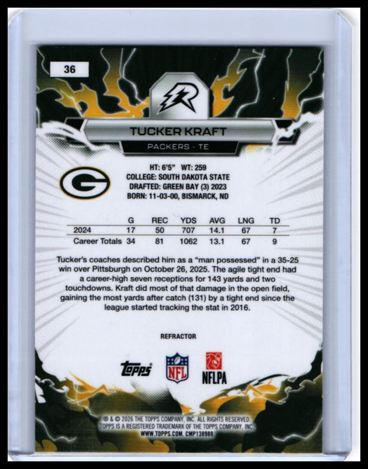 2026 Topps Reign Tucker Kraft #36 Refractor Parallel Green Bay Packers TE — back