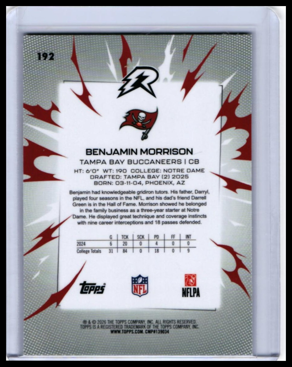 2026 Topps Riot Benjamin Morrison RC #192 Tampa Bay Buccaneers Rookie — back