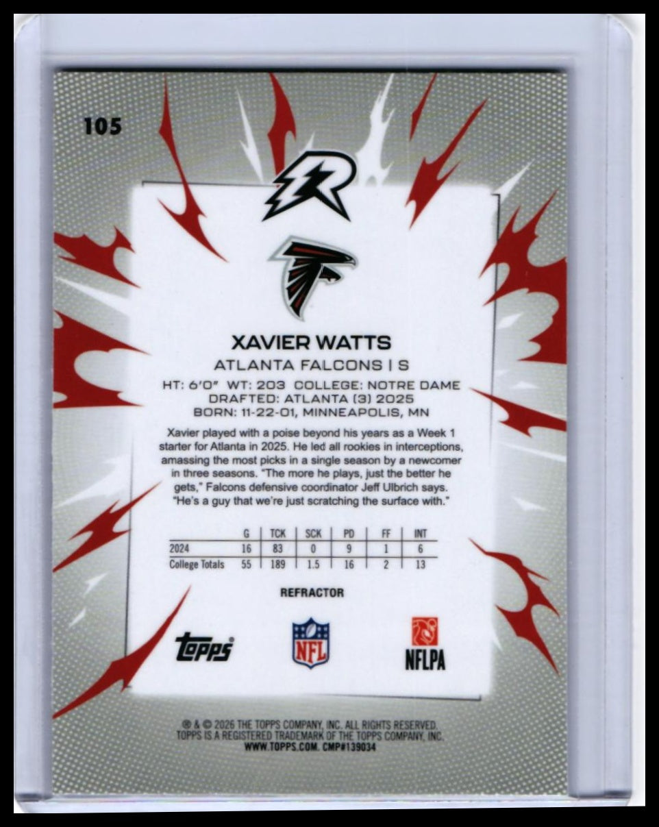 2026 Topps Riot Xavier Watts RC #105 Refractor Rookie Atlanta Falcons — back