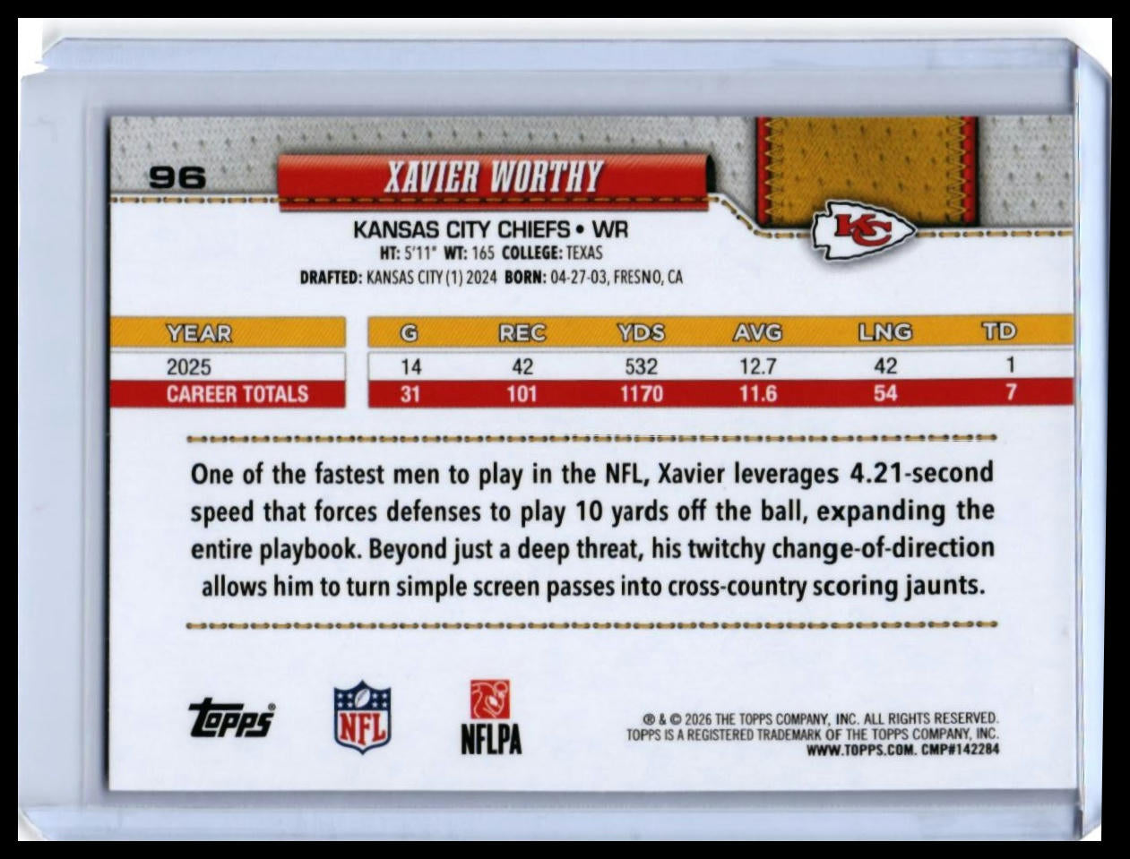 2026 Topps Xavier Worthy #96 Kansas City Chiefs Wide Receiver — back