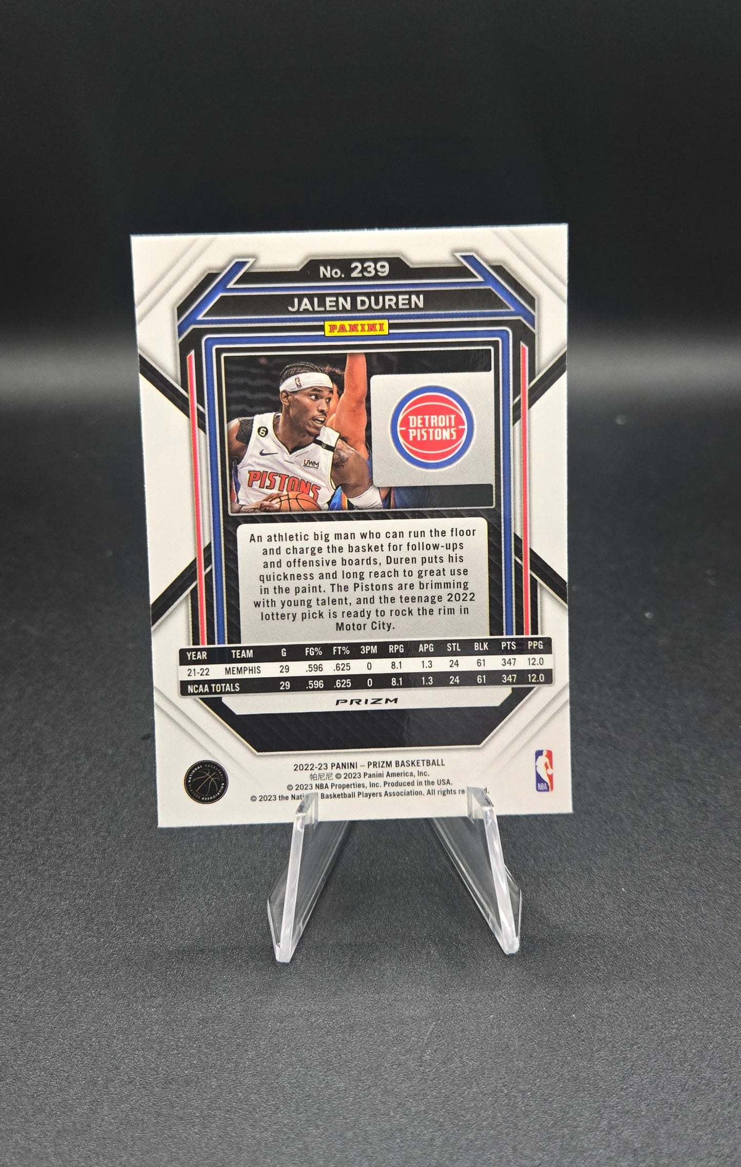 Jalen Duren 2022-23 Panini Prizm Green Prizm RC #239 Detroit Pistons Rookie NM+