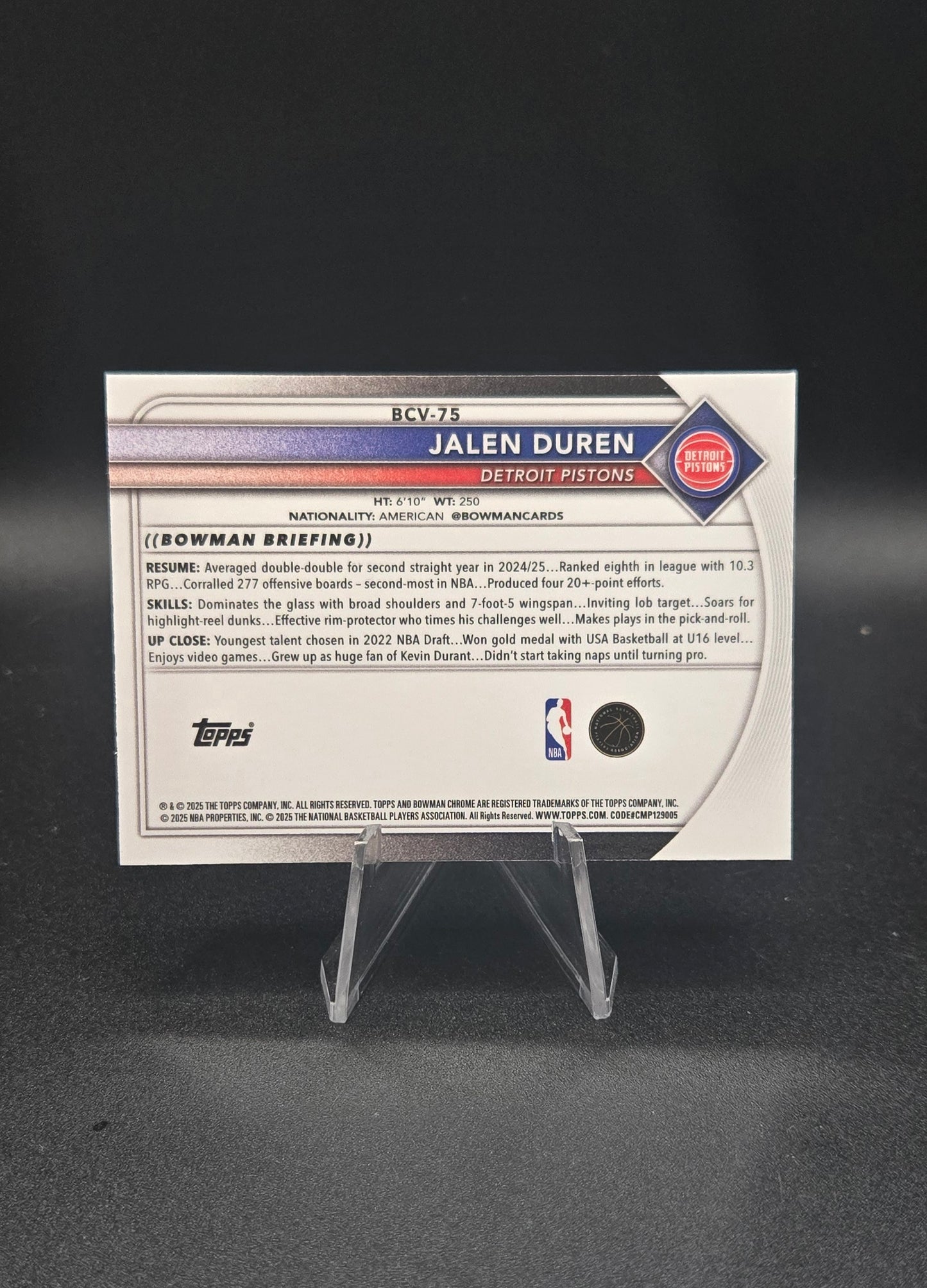 Jalen Duren 2025-26 Bowman Chrome Lava Refractor #BCV-75 163/399 Detroit Pistons NM+